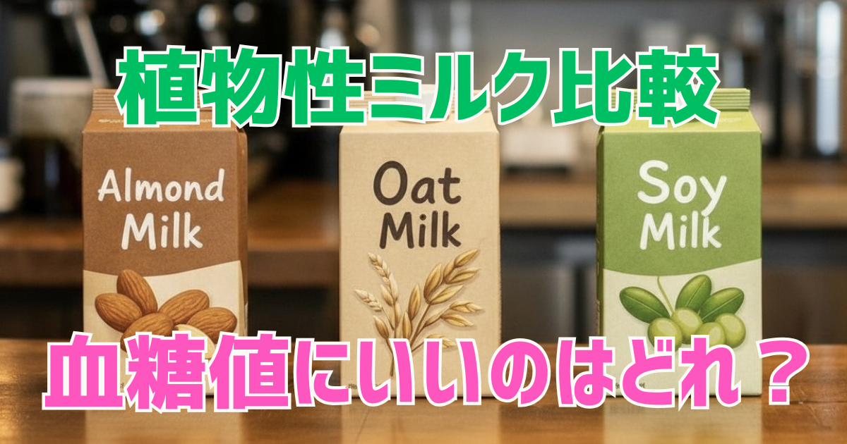 アーモンドミルク、豆乳、オーツミルクの3種類の植物性ミルクが並ぶ