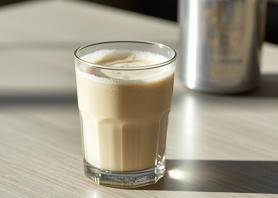 テーブルの上にプロテインがグラス1杯とプロテインの缶が背景にある