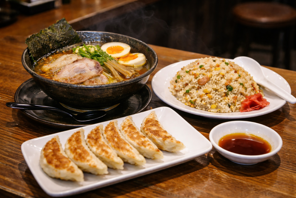 ラーメンと餃子とチャーハンのセットがテーブルに置かれている