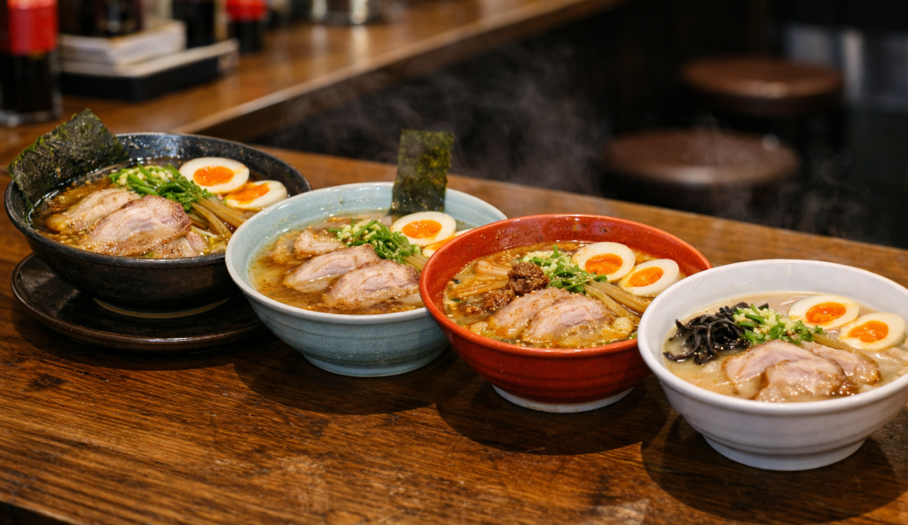 ラーメン屋で、豚骨、塩、味噌、醤油の4種類の味のラーメンが並ぶ様子