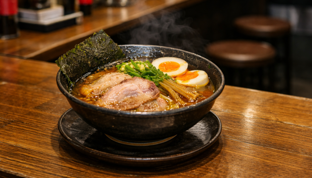 美味しそうなラーメンが1杯テーブルに置かれている