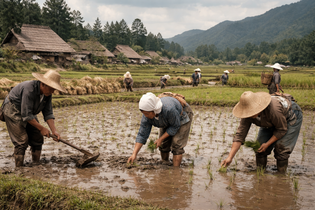 昔の日本人が長時間外で農作業をする様子