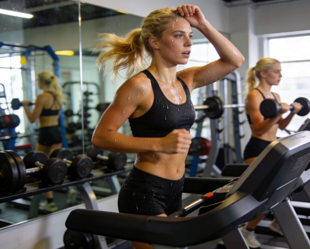 ジムで激しい運動をする女性の姿