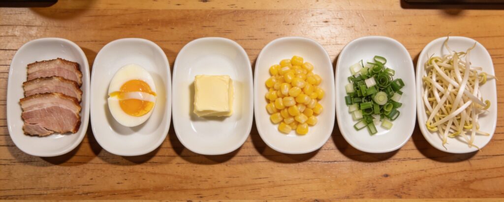 もやし、ネギ、味玉などのトッピングが並んでいる