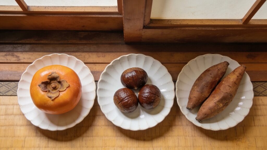 柿や栗や焼き芋が皿に盛られた様子