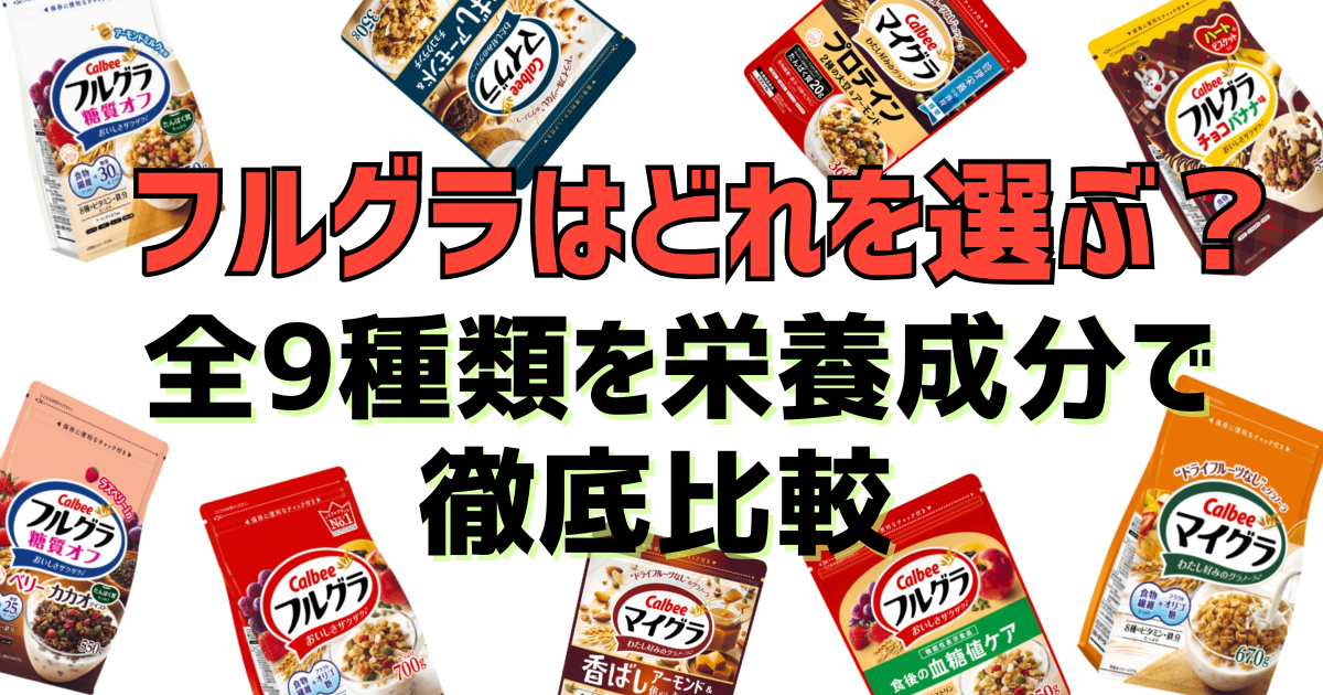 フルグラ、マイグラのパッケージが全9種類、背景にある