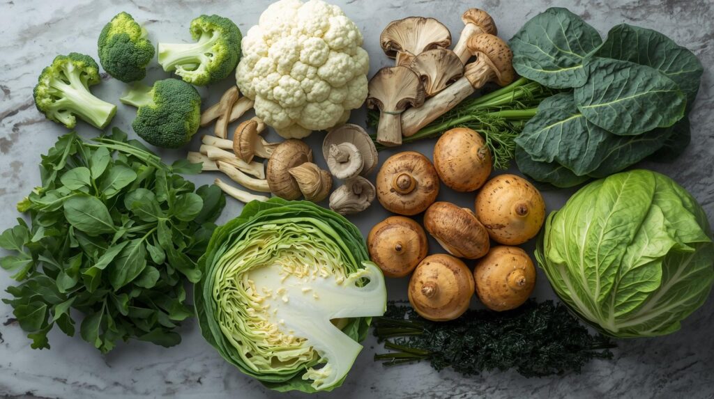 テーブルの上にキャベツ、白菜、ブロッコリー、カリフラワー、ほうれん草、きのこが並ぶ