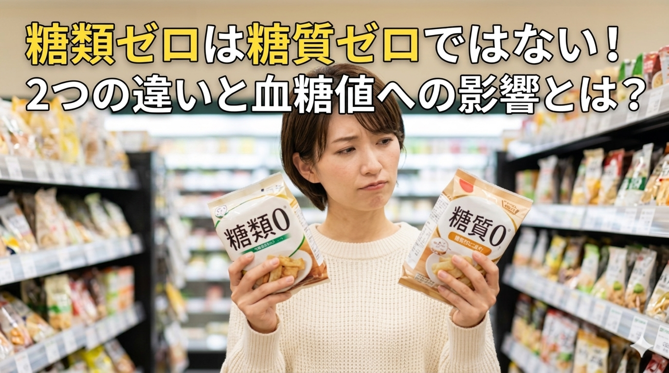 糖類0と糖質0表示の食品を手にして困っている女性の姿