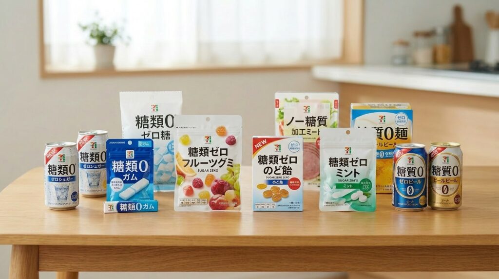 糖類0と糖質0と表示ある色々な食品を並んでいる。キャンディーやドリンクなど