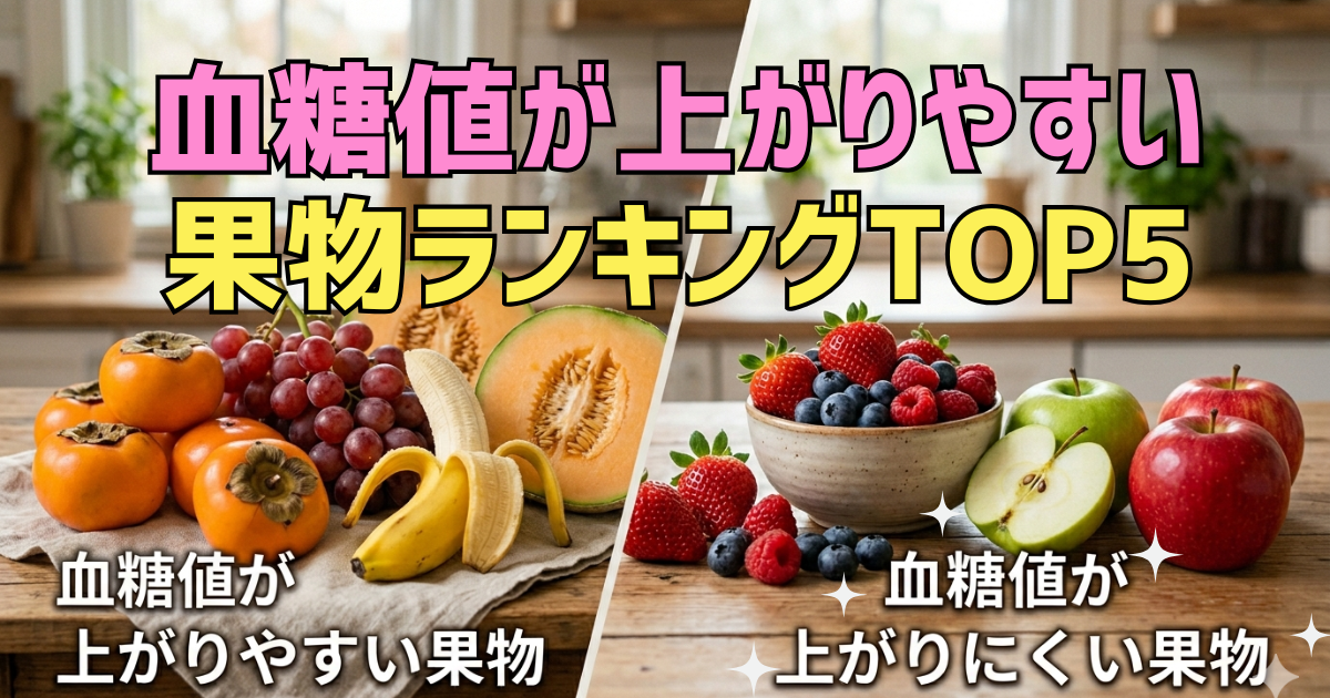 血糖値が上がる果物5種類と上がりにくい果物5種がテーブルに並ぶ様子